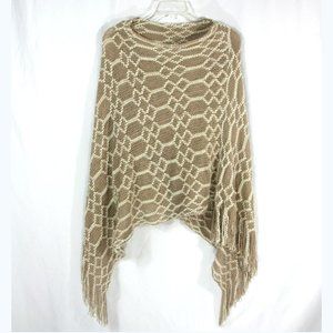 2 Chic Open Mesh Chain Knit Acrylic Fringe Poncho Sweater Beige Cream OS